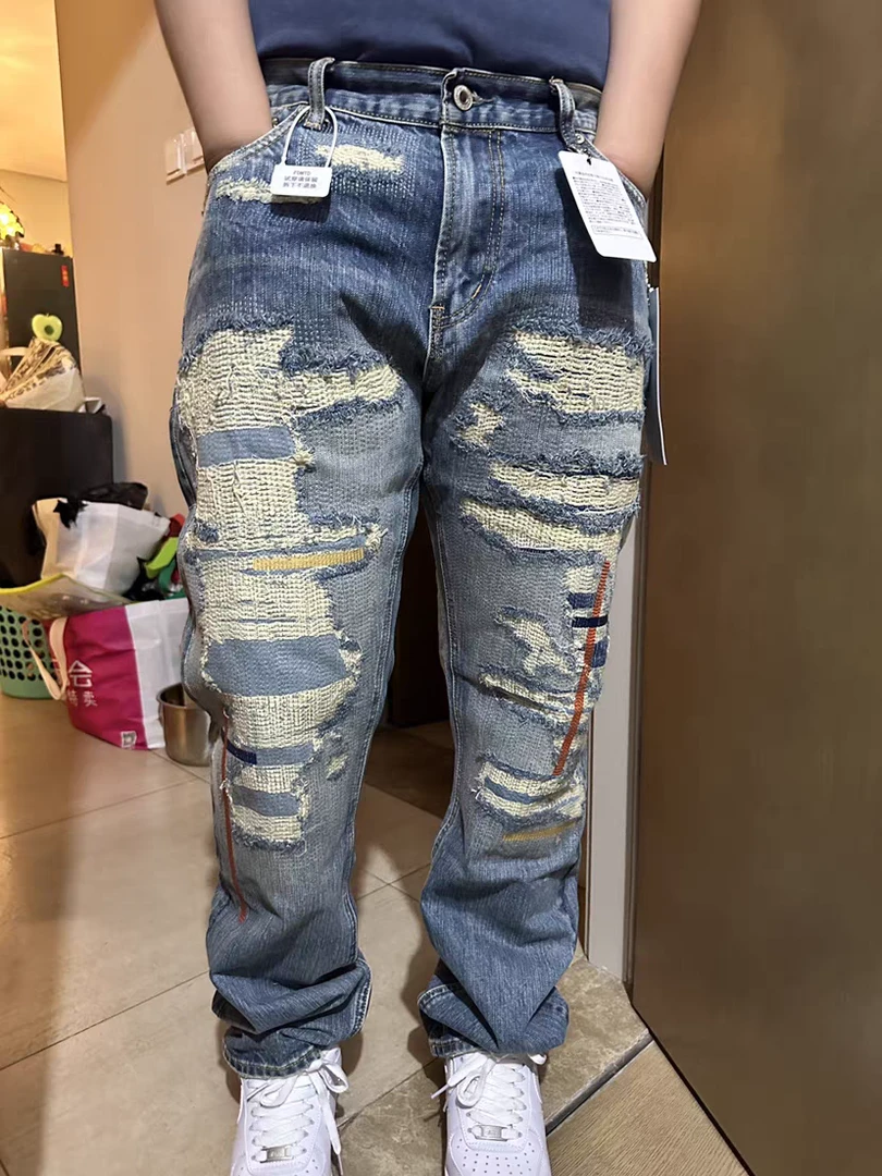 大魔王FDMTD十字牛王破坏刀割做旧水洗补丁BORO糜烂赤耳牛仔裤