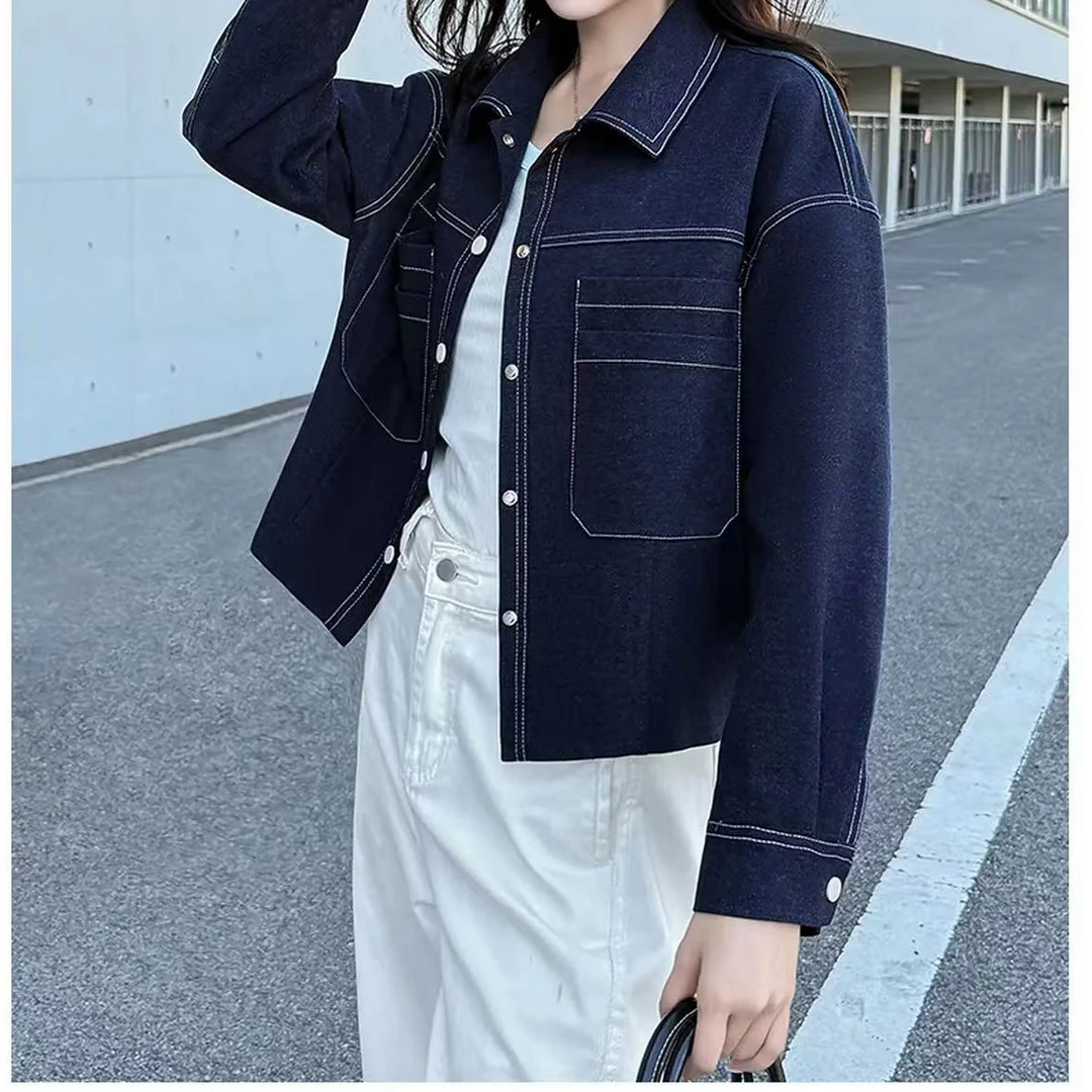 2025春秋新款复古明线牛仔外套时尚百搭休闲女士翻领上衣2512长53