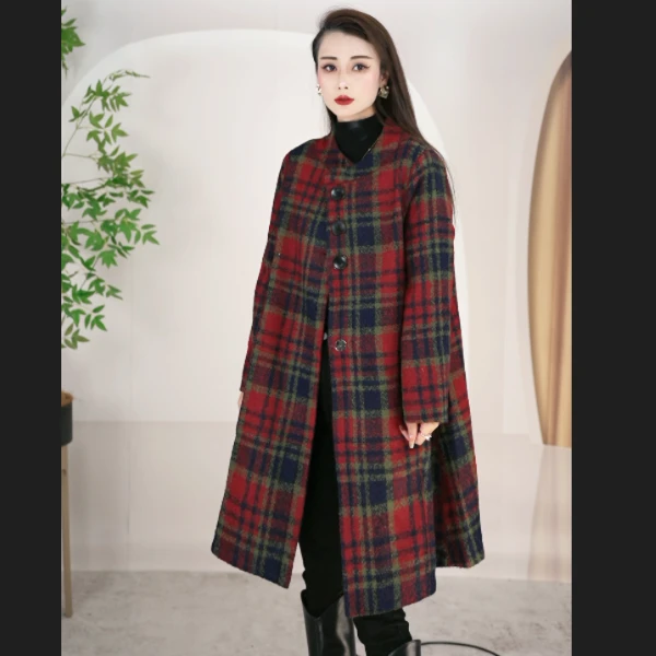 秋冬格子大衣时尚2024女款修身夹棉