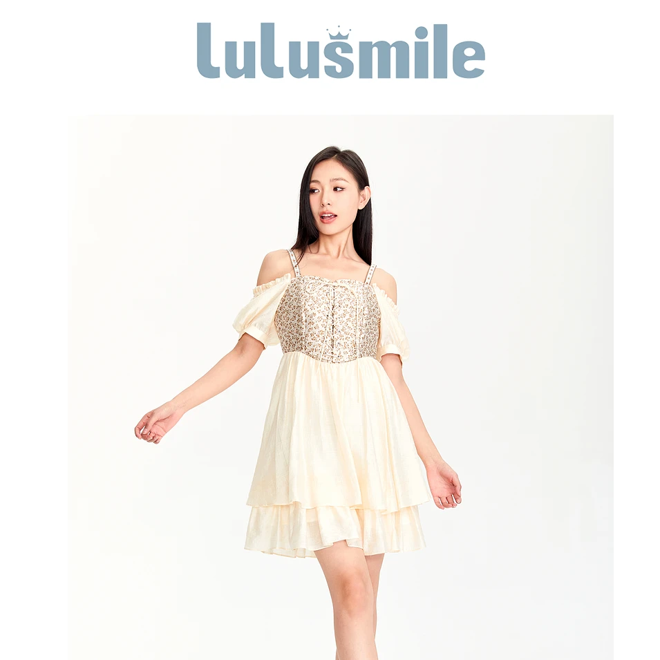lulusle夏季新款淑女吊带绑带露肩泡泡袖连衣裙