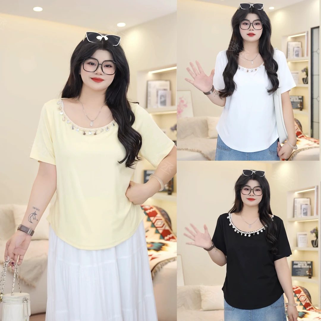 梦丞【夏日独白】大码女装夏季设计感亮片收腰气质洋气百搭短袖T恤