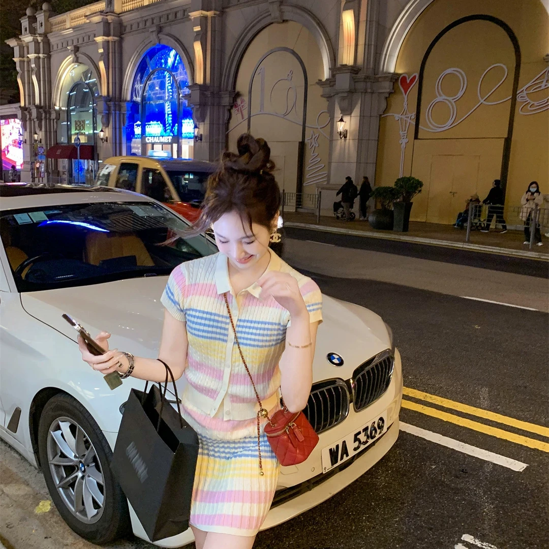 鱼兔子的兔子春季新款翻领冰淇淋撞色麻花针时尚套装撞色开衫时尚