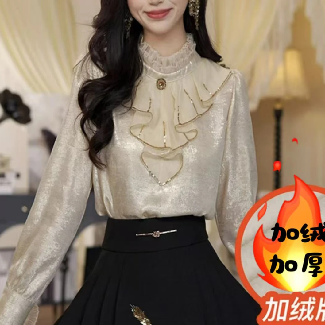 2025冬季加绒新款衬衫女气质优雅时尚轻奢打底衫宫廷风女士上衣