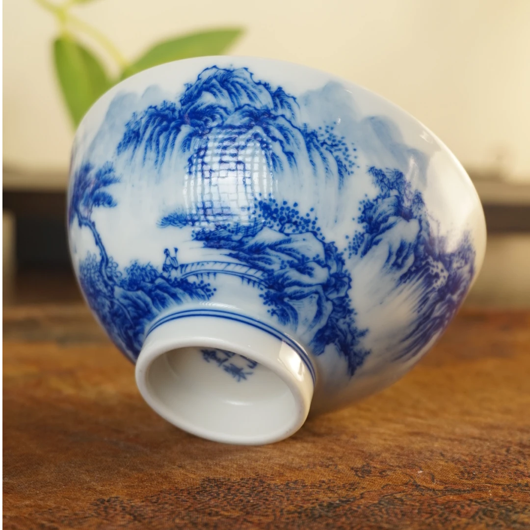 溪山堂仿北宋山水柴窑纯手工手绘鸡心杯陶瓷主人杯山水杯景德镇