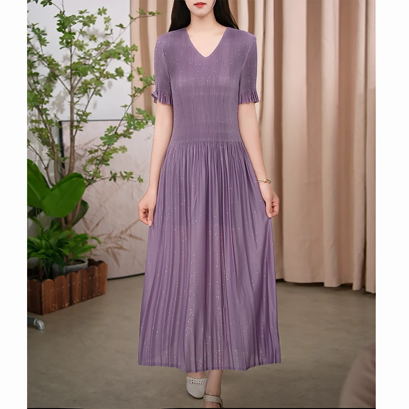 夏季新款女装V领短袖中长款气质简约宽松显瘦裙子连衣裙三宅款