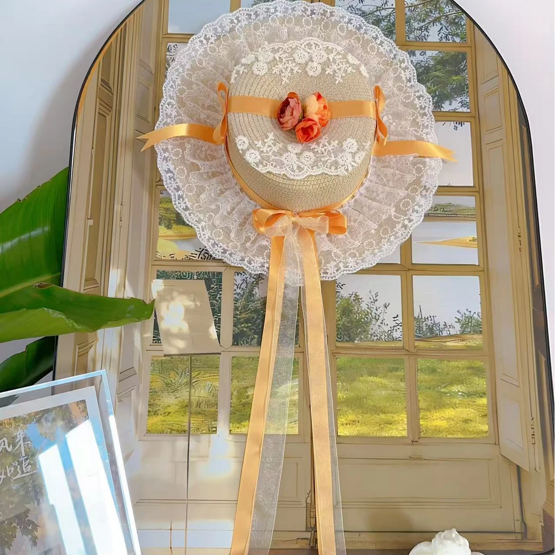 原创花朵法式蕾丝遮阳帽女休闲风平顶帽子薄款夏季甜美草帽ins风
