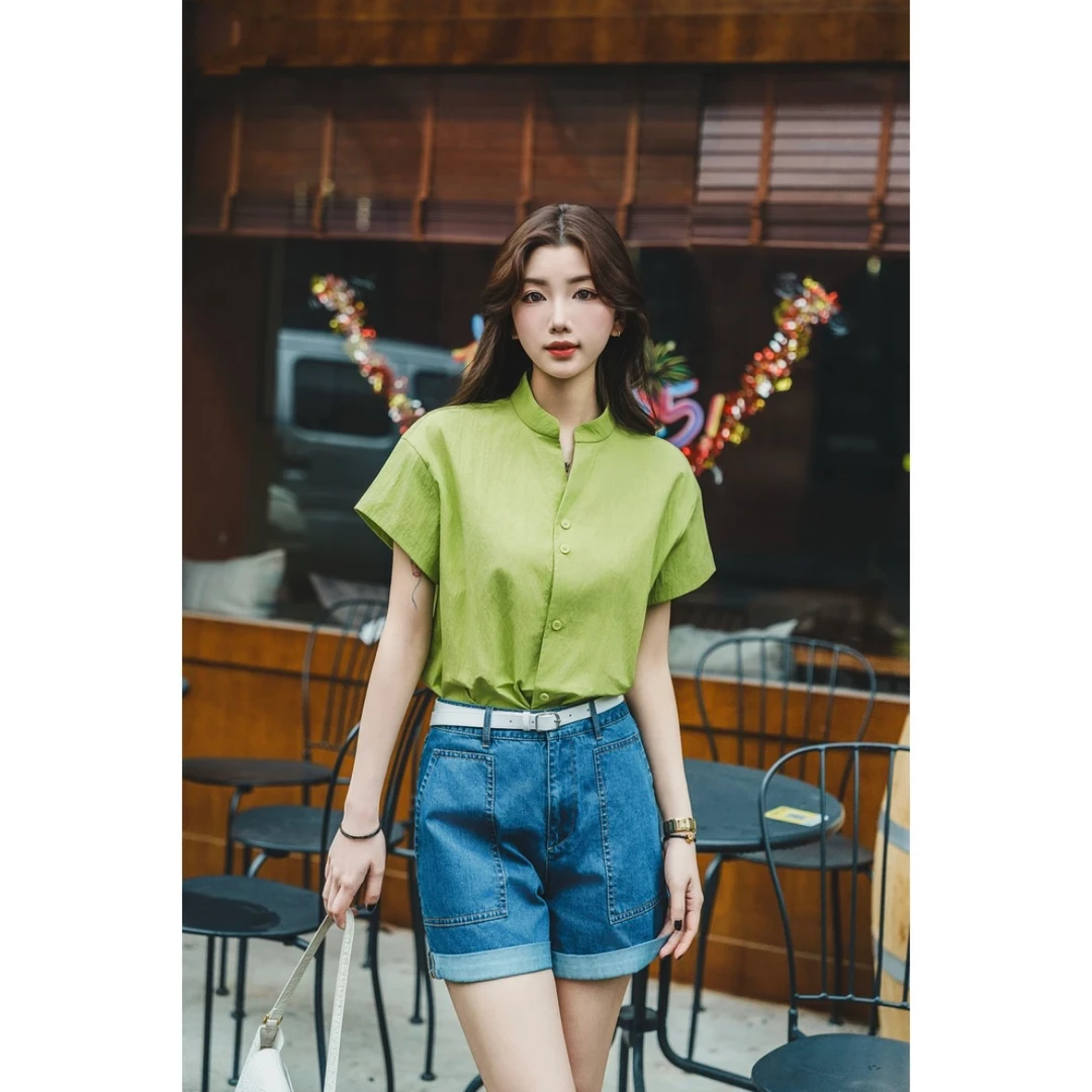 哥弟新款夏季气质休闲新中式小众单 排扣短袖衬衫 1301065