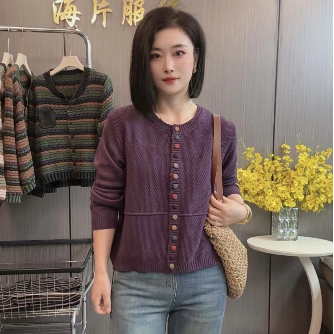 【海片】2689女士纯色休闲时尚彩扣开衫毛衣针织衫复古百搭圆领长袖
