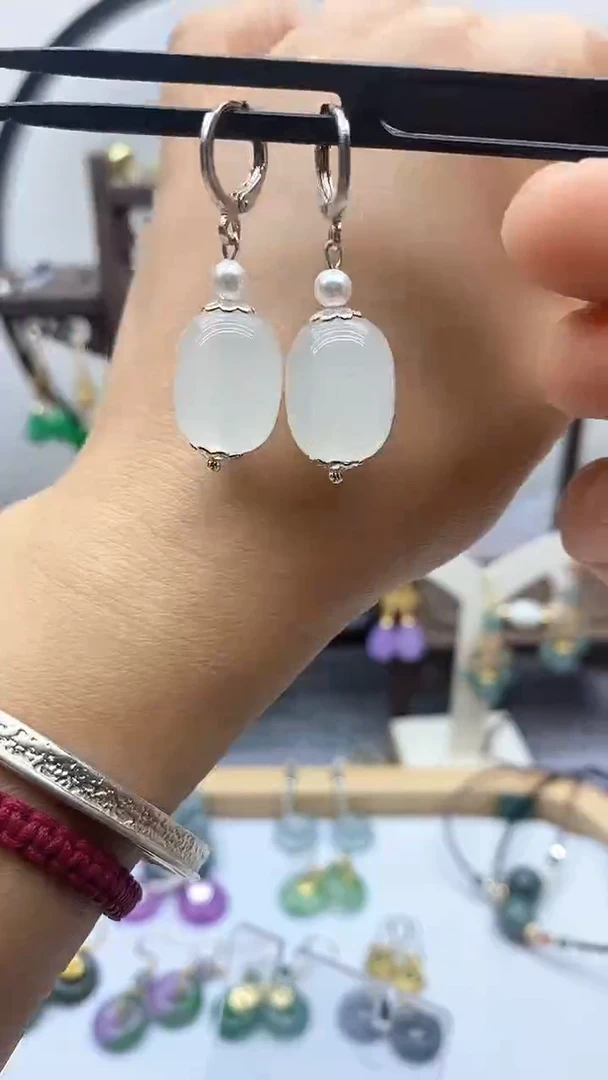 和田玉银S925镶嵌耳饰192