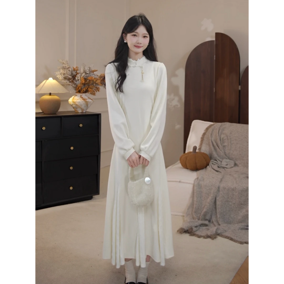 鹿向南「杏雨梨云」新中式国风温柔气质女秋冬新款显瘦长袖连衣裙