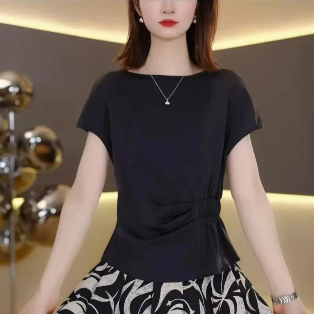 2025夏季新款时尚百搭短袖T恤女圆领褶皱设计感休闲洋气显瘦上衣