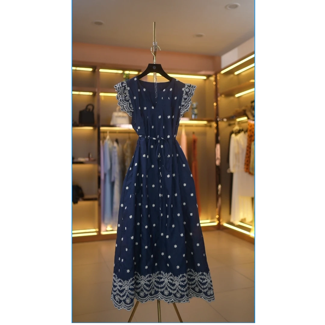 【娟专属】藏青色法式复古绣花气质收腰显瘦连衣裙7005