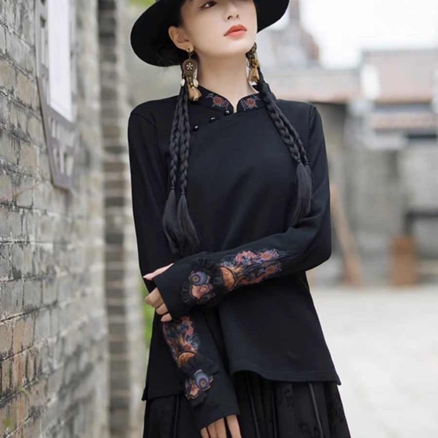 秋冬民族风长袖修身刺绣新中式打底上衣复古立领套手指百搭针织衫