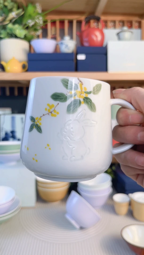 瓷片熹*手绘桂花玲珑兔杯