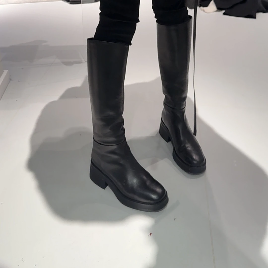 FANYE 2024冬季极简百搭厚底胎牛皮高筒靴6080