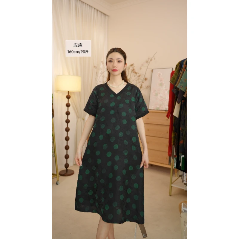 2024桑蚕丝时尚气质绿波点连衣裙CY021-1-绿波点