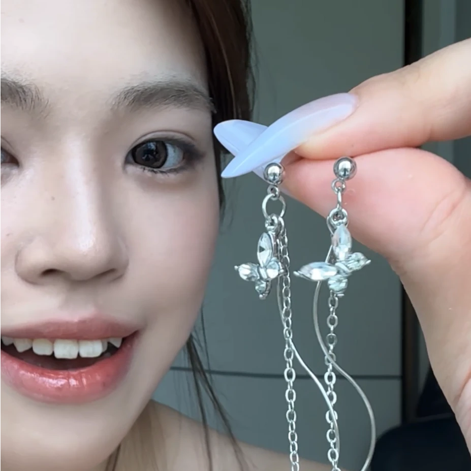合金亚克力耳饰 超闪气质镶钻水晶蝴蝶S形链条耳钉长款流苏耳饰