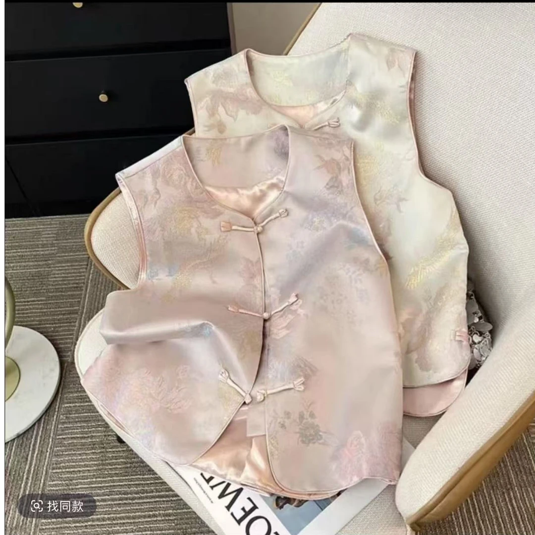 2094国潮中式复古提花织锦圆领盘扣马甲坎肩卿马夹新中式时尚