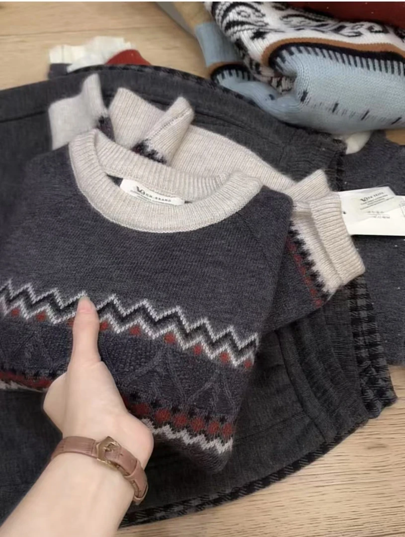 A3七言家 撞色费尔岛！伦敦灰插肩波浪条毛衣1