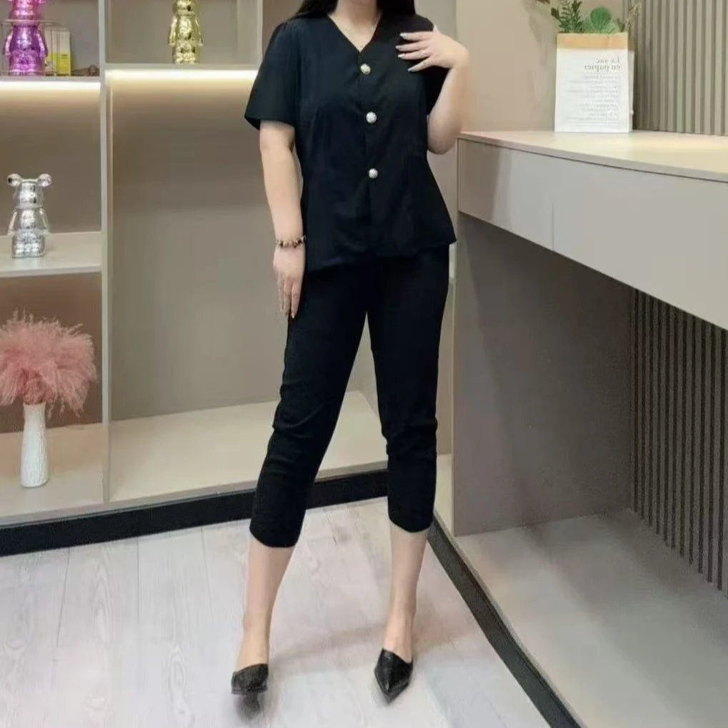 9817-C-两件套（气质收腰衫+哈伦裤）大码纯色套装100-210斤