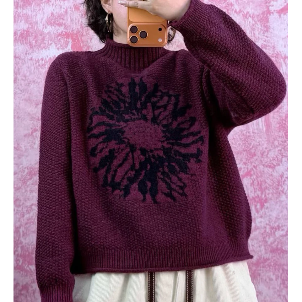 艾欣蕊胖mm大版 1795 加厚宽松慵懒显瘦卷边半高领提花棉线针织衫