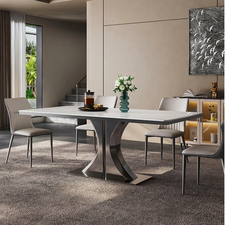 【双C台】德利丰岩板餐桌长方形家用新款不锈钢小户型意式极简轻奢