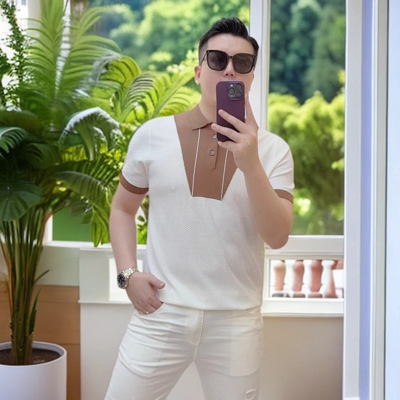 娜罗普西时尚夏季撞色伊力特冰丝POLO衫男修身弹力透气翻领短袖T