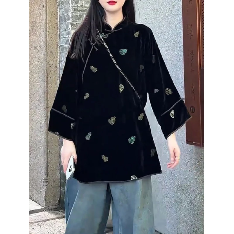 新中式国风复古立领斜襟盘扣印花上衣女2025秋季新款时尚潮流穿搭