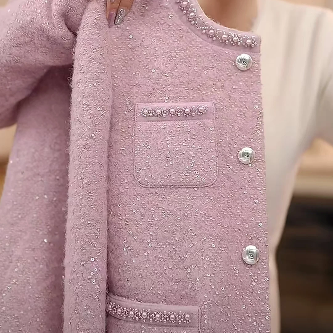 【MM】春秋款百搭时尚洋气名媛风气质粉色轻奢修身小香风外套遮肚