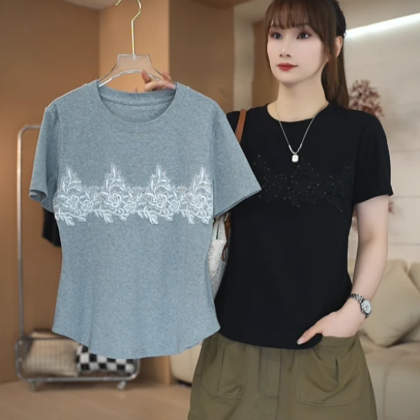 说白SHUOBAI/说白215#减龄拼接蕾丝 减龄遮肉修身显瘦短袖T恤ZS
