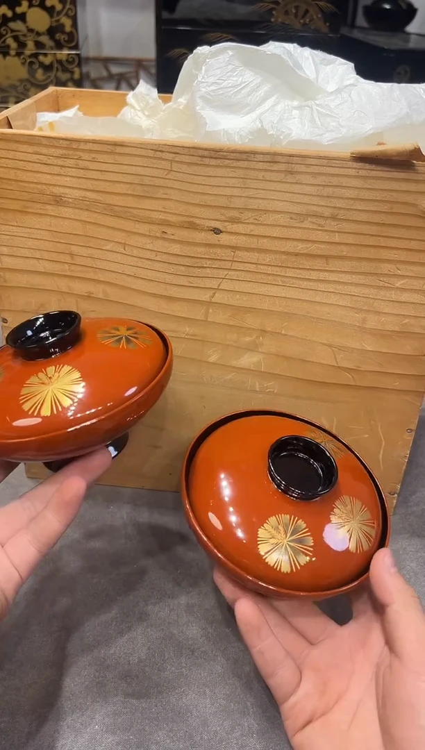 轮岛塗 盖碗两只 (昭和早期）
