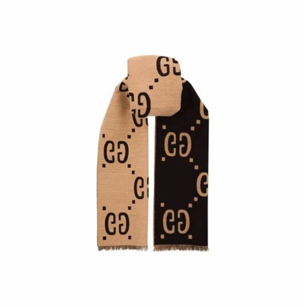 未使用 GUCCI/古驰 双G双面提花羊毛真丝围巾棕色