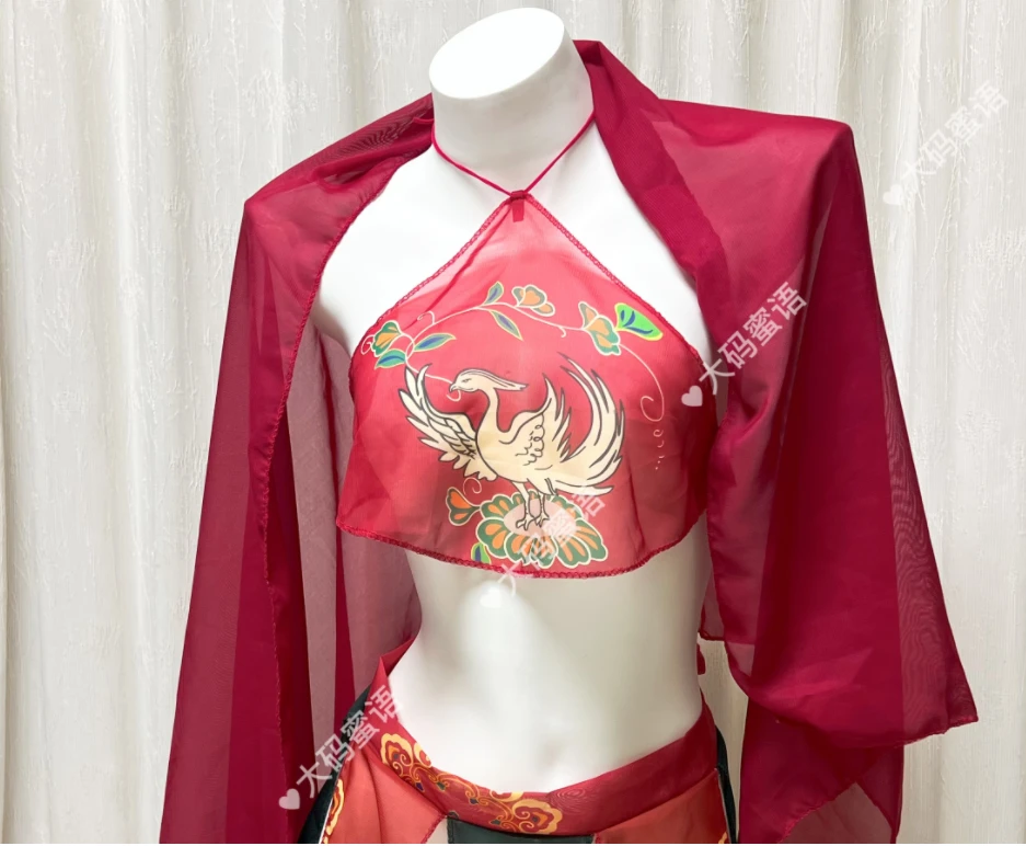 大码蜜语90-140斤国潮古风吊带睡衣裙中国风印花飘逸红色