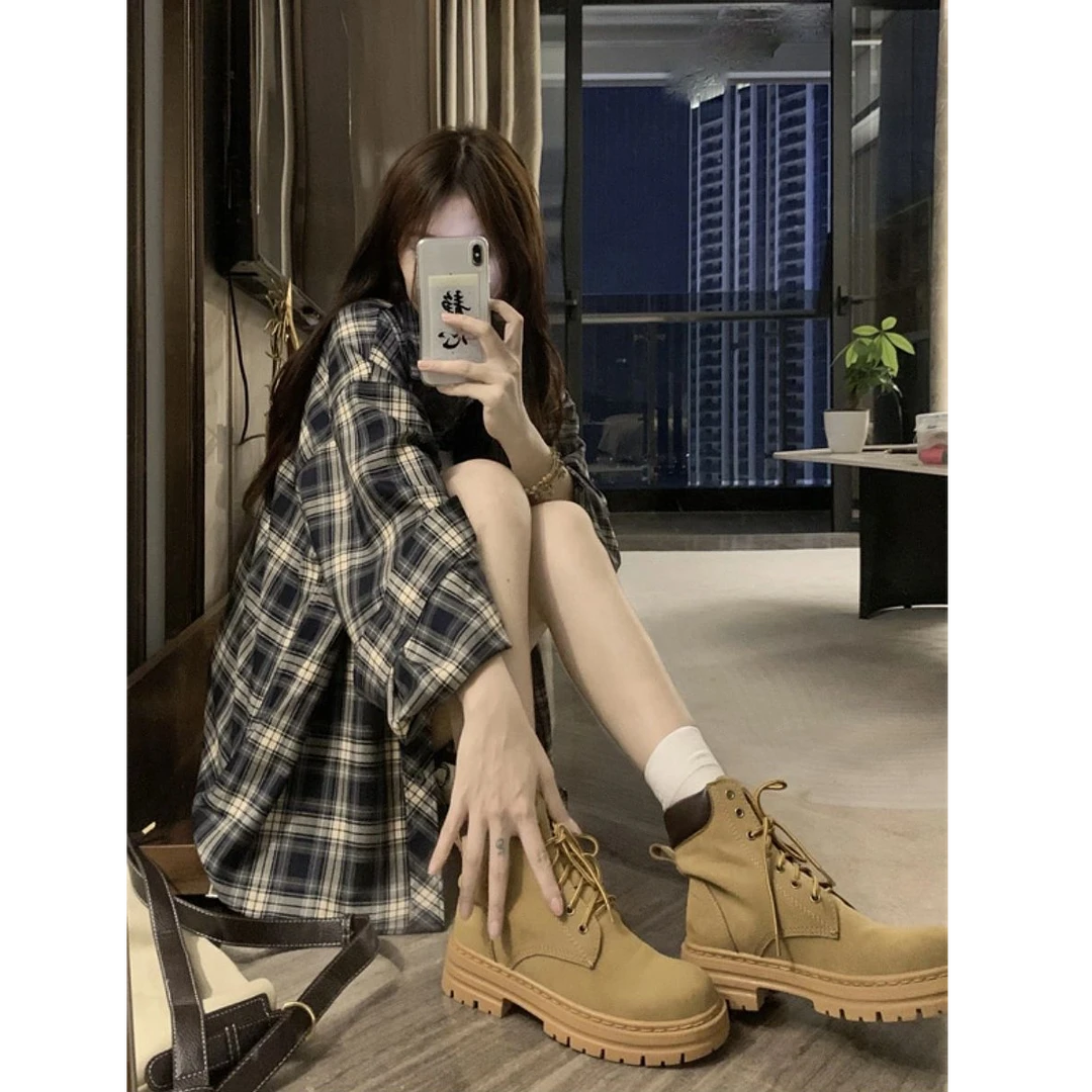 幂式秋季新款复古格纹衬衫女休闲外套长袖小众宽松衫衬衣港味女装