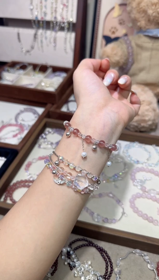 银S925镶嵌手链水晶草莓晶少女流苏