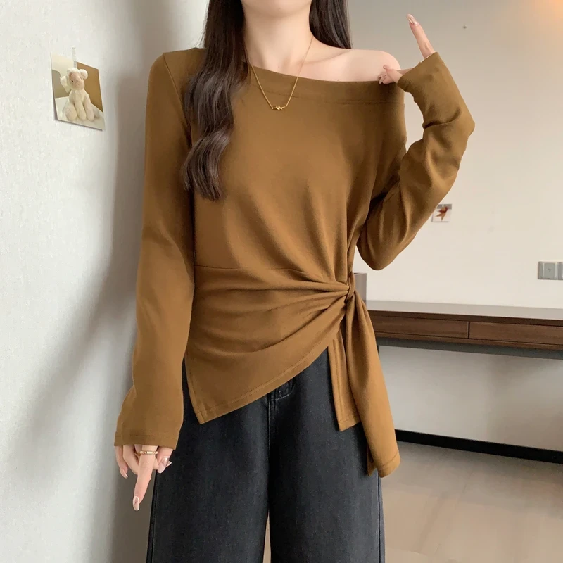 设计感斜领打底T恤老钱风百搭ins长袖2025年新款洋气绑带秋季休闲