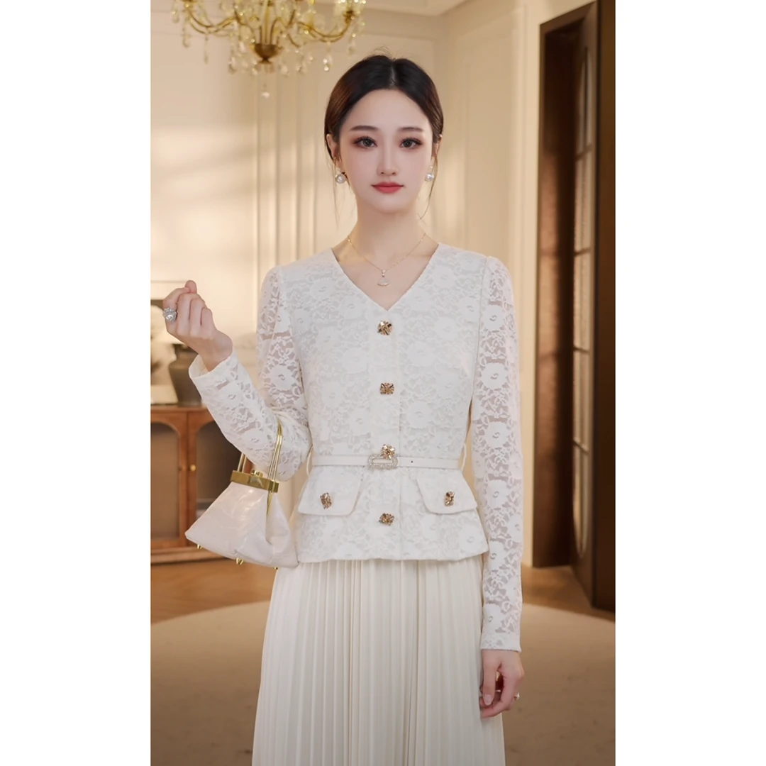 【双双&GERTCOREL】月光舞会 简约风蕾丝收腰百褶连衣裙 WG251Z1028