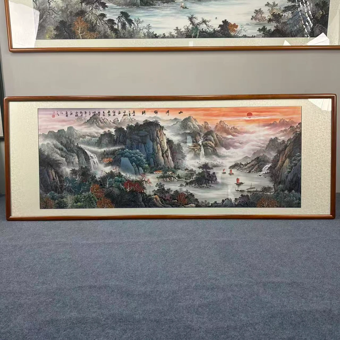 纯手绘-山河锦绣225X85新中式山水国画客厅办公室挂画背景墙挂画