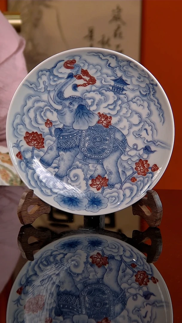 刻画堂青花釉里红吉象壶承