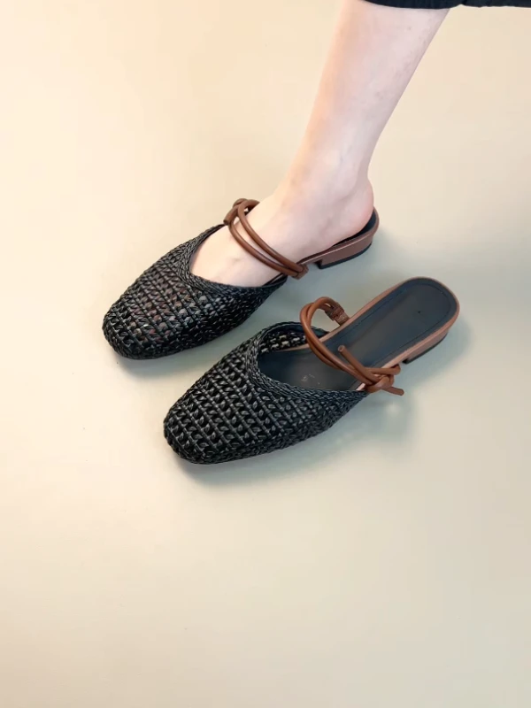 Elingjk/2cm复古小众拼色编织透气网面夏季外穿包头凉拖