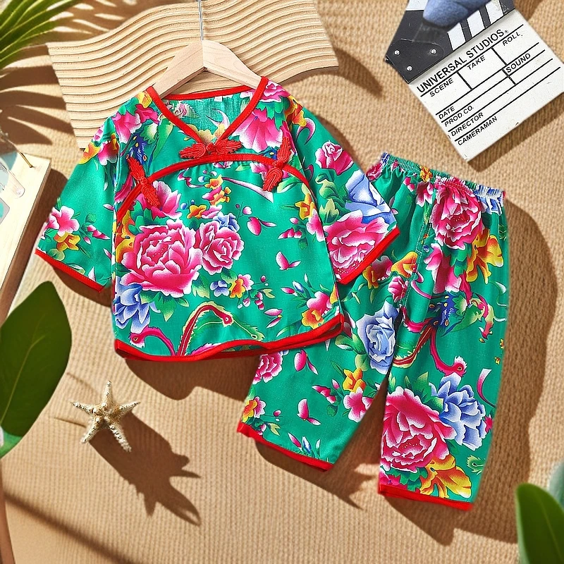 夏季女童棉绸套装女孩长袖薄款宝宝绵绸家居服洋气短袖睡衣两件套