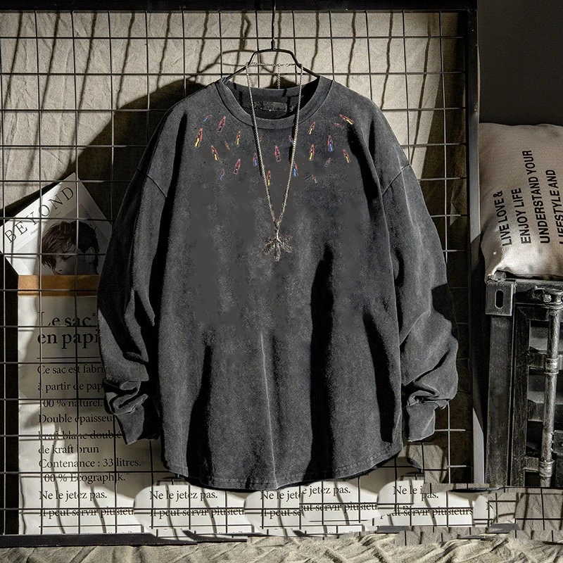 新款ins印花百搭美式大码休闲水洗秋季复古人物长袖圆领宽松上衣