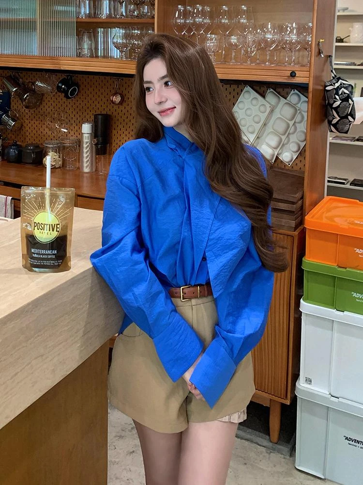 法式小资通勤时尚洋气时髦轻奢上衣气质高级感蓝色长袖衬衫女早秋