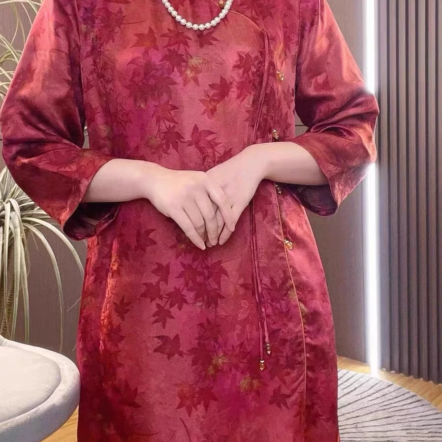 品优-国风九分袖立领盘扣复古改良旗袍连衣裙10194-敏敏