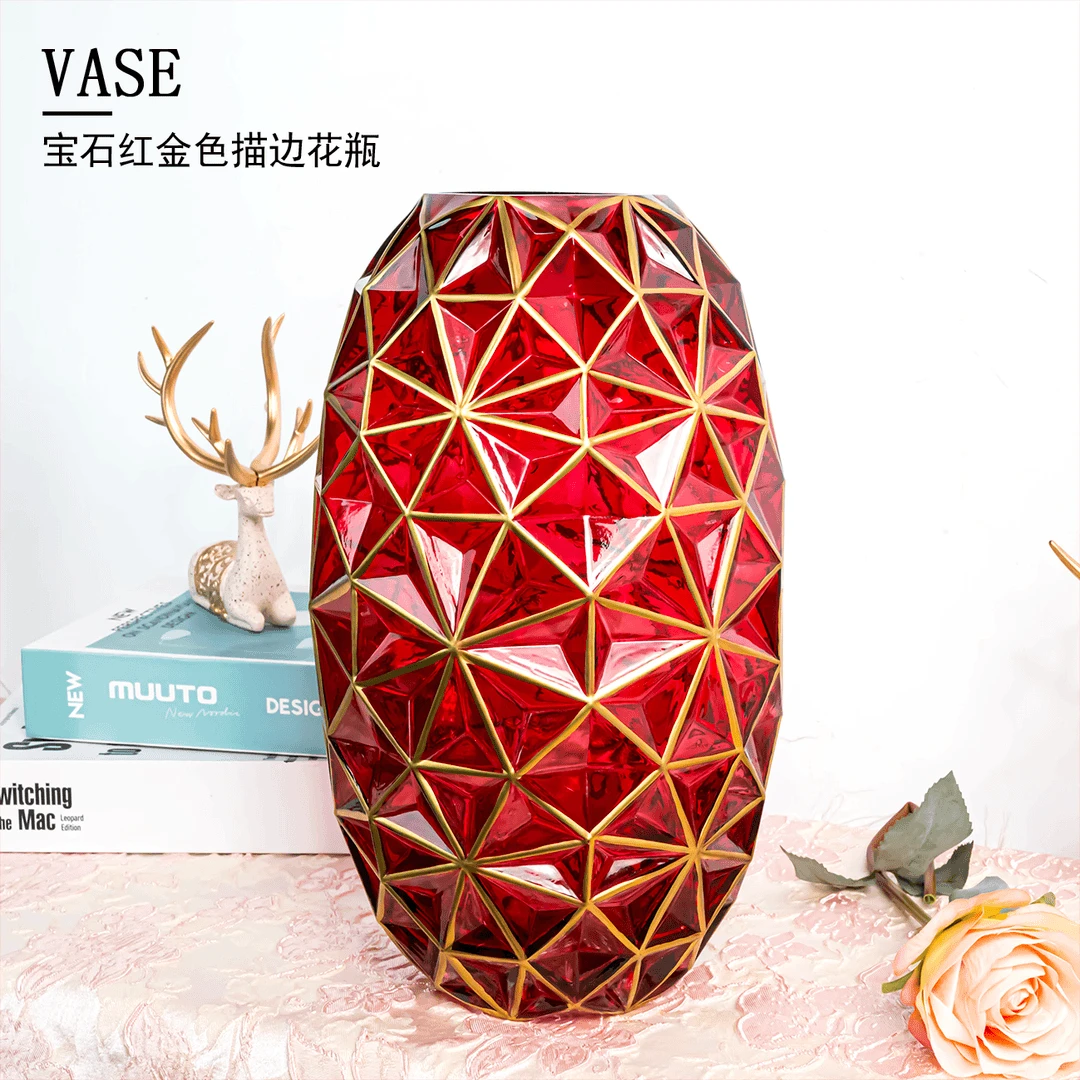 新红色描金卢浮宫设计插花桌面摆件琉璃花瓶时尚简约花卉花器