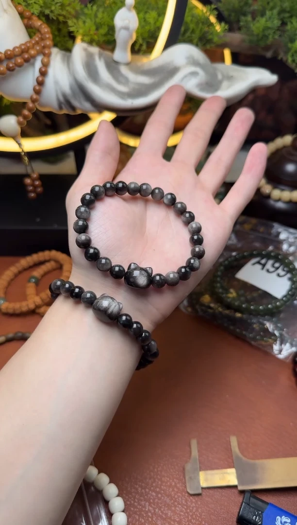 黑曜岩未镶嵌手链黑曜石无相猫圆珠单圈