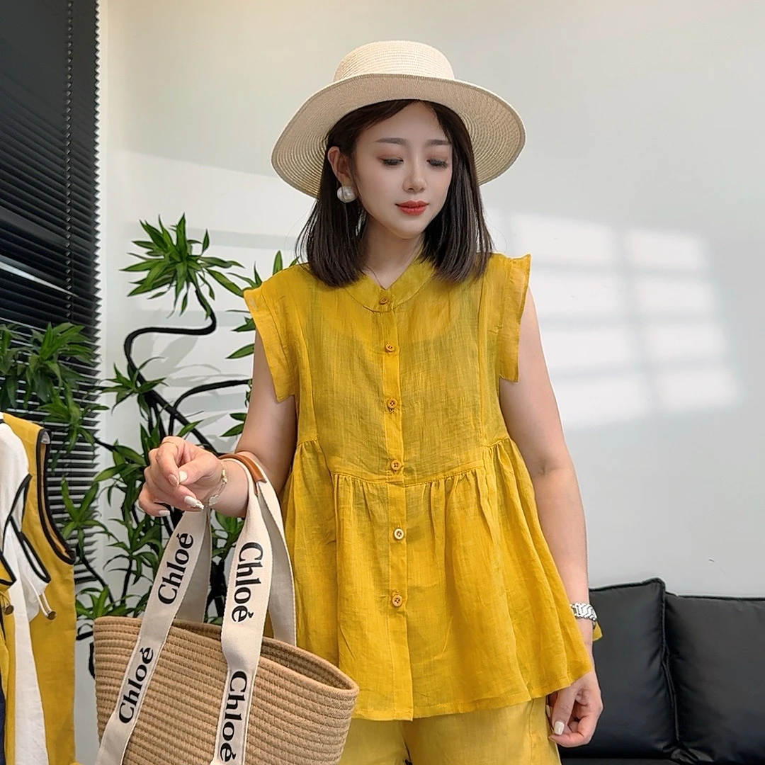 【静轩优选】夏季亚麻宽松腰半袖气质显瘦夏季纯色韩版飞飞袖6836