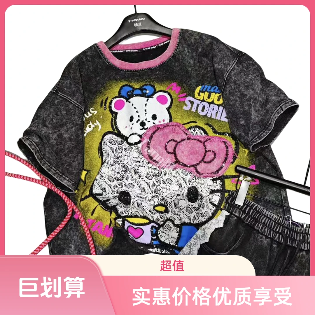 夏季新款休闲圆领短袖夏季卡通拼接蕾丝凯缇猫重工T恤