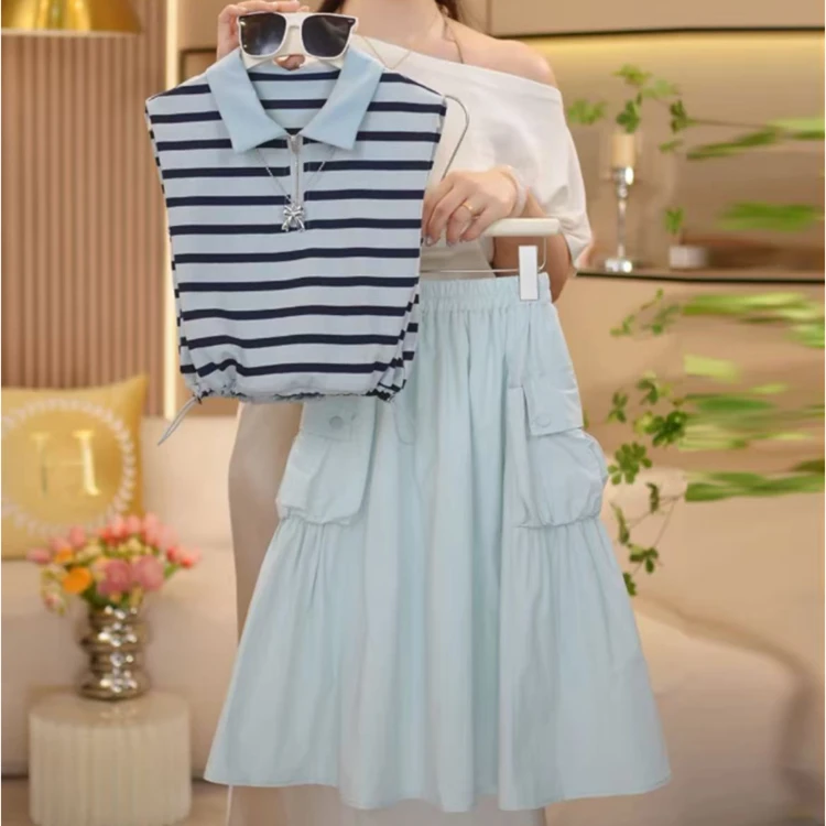 【现货】女童夏装连衣裙2025款女孩夏季条纹Polo衫儿童半身裙套装