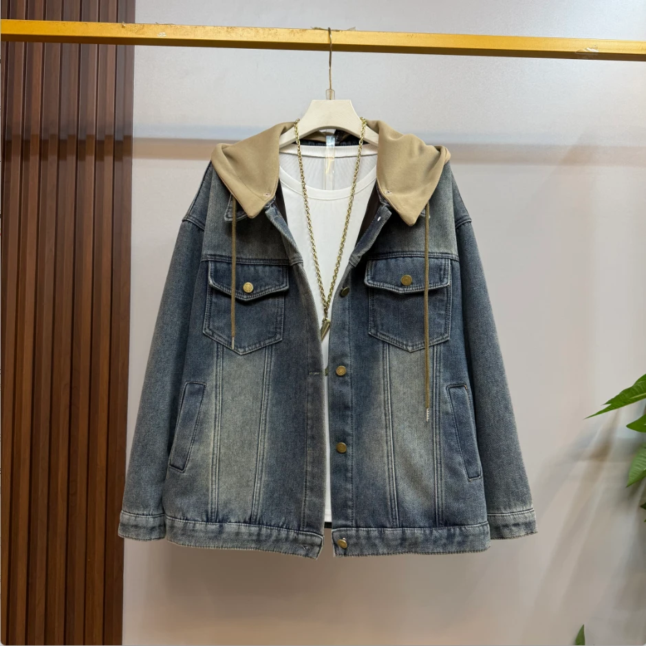 秋冬新款欧货时尚百搭潮流显瘦连帽水洗牛仔加绒保暖外套不含打底